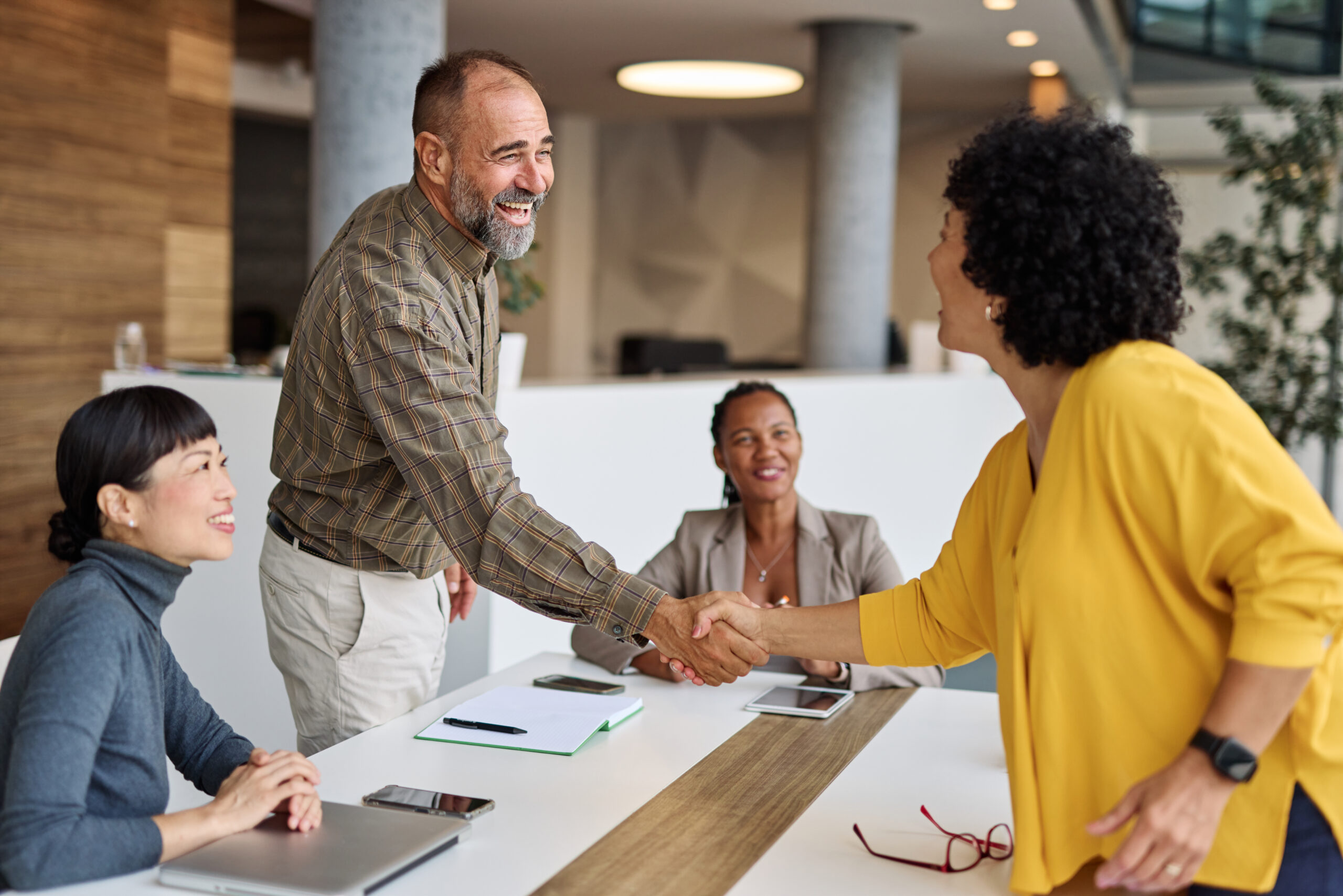 Group of  businesspeople having a meeting shaking hands handshake introducing each other and applauding during meeting in the office. Teamwork and success concept, portrait of a middle aged mature businessman